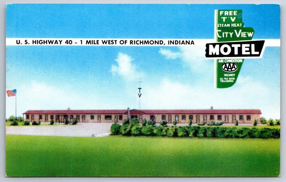Roadside~Richmond Indiana~City View Motel Entrance On US Hwy 40~Vintage Postcard