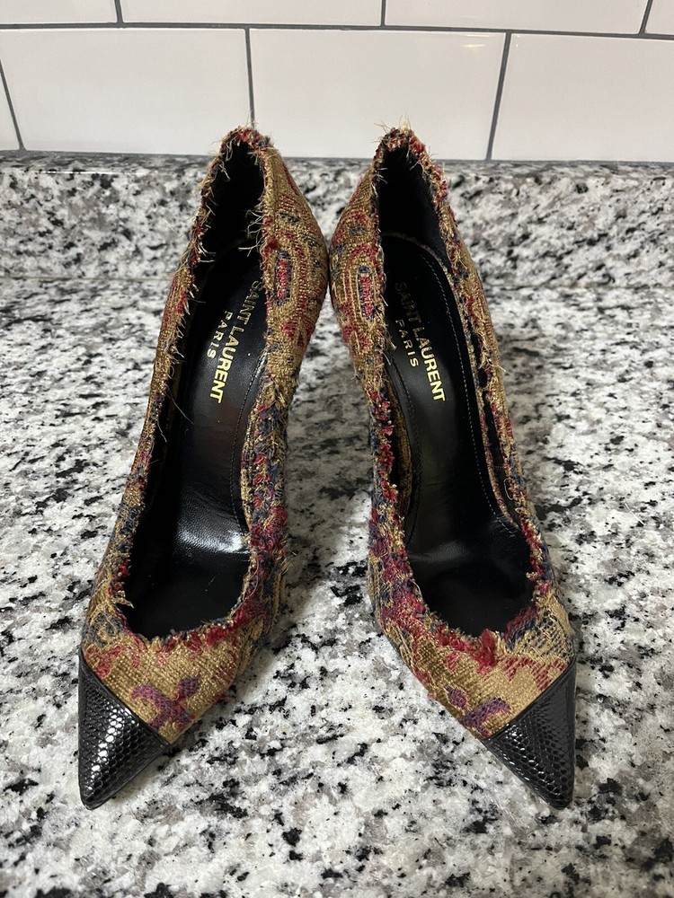 Saint Laurent YSL Multicolor Fabric Pumps with Leather Cap Toe Size 6