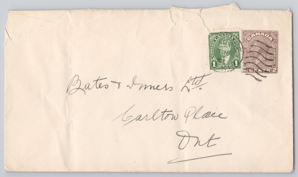 Carleton Place, Ontario Addressed envelope with Canadian 1c & 2c stamps 1c