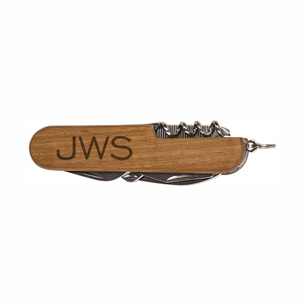 Personalized Wooden 8-Function Multi-Tool Pocket Knife with Custom Initials