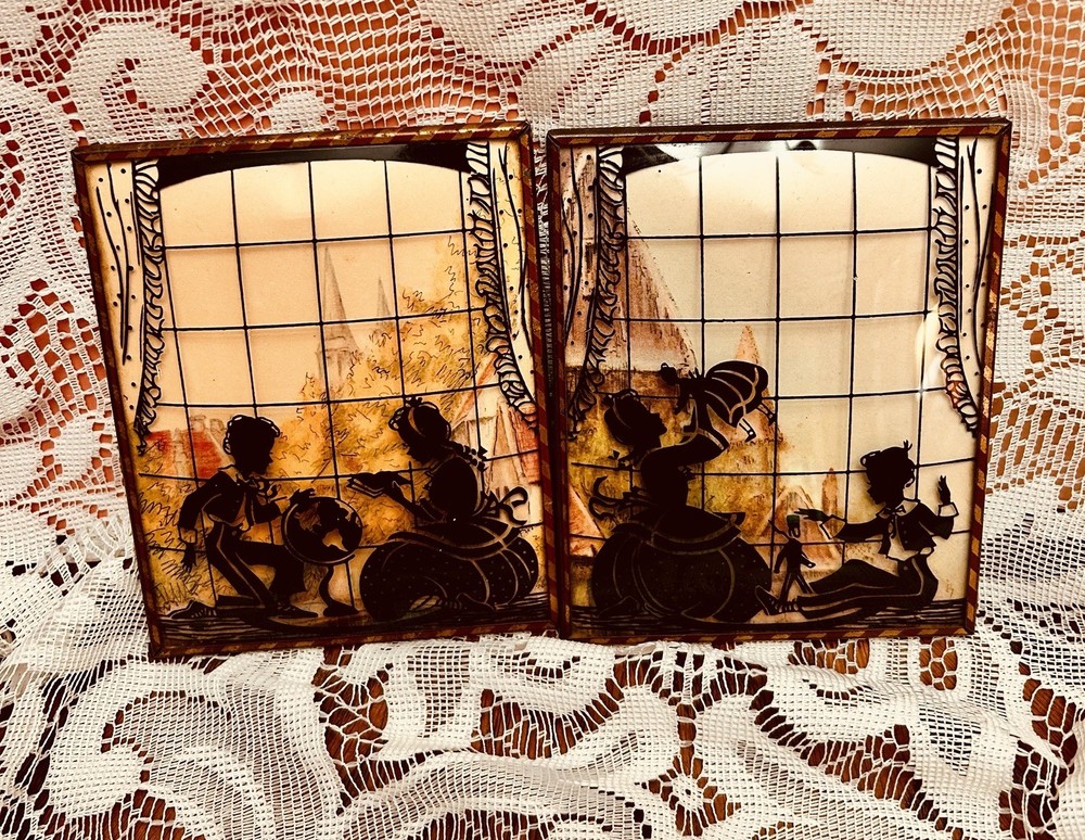 2 Reverse Painted Bubble Glass Silhouette Framed Pictures