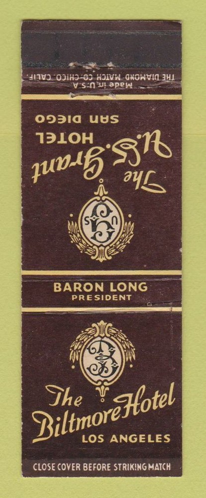 Matchbook Cover - Biltmore Hotel Los Angeles CA US Grant San Diego