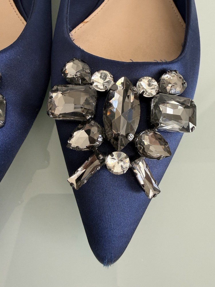 ✿ ZARA WOMAN Navy Satin Flats Pointed Toe Crystal Embellished EU 36 US 6