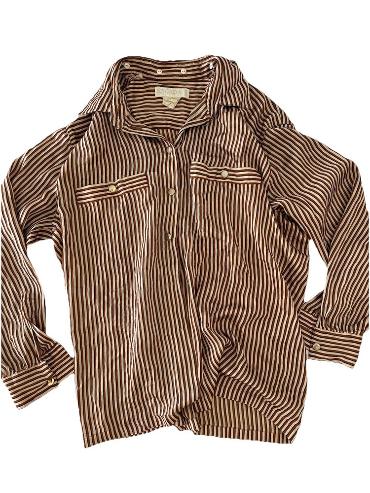 Rare VTG Escada 100% Silk Button Down Blouse Women’s 38 (8US) Brown Cream *read*