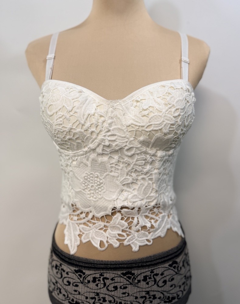 White Lace Bustier Corset Top Y2K Romantic Medium Floral Embroidered Coquette
