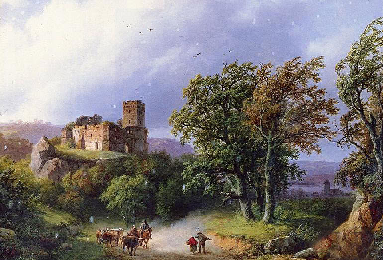 Stunning Oil painting Classical landscape horsemen and cows with castle 24