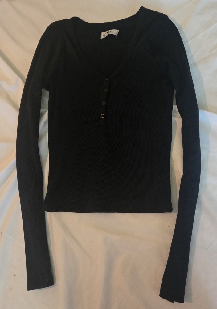 Hollister Black Ribbed Cropped Long Sleeve Button Top XS