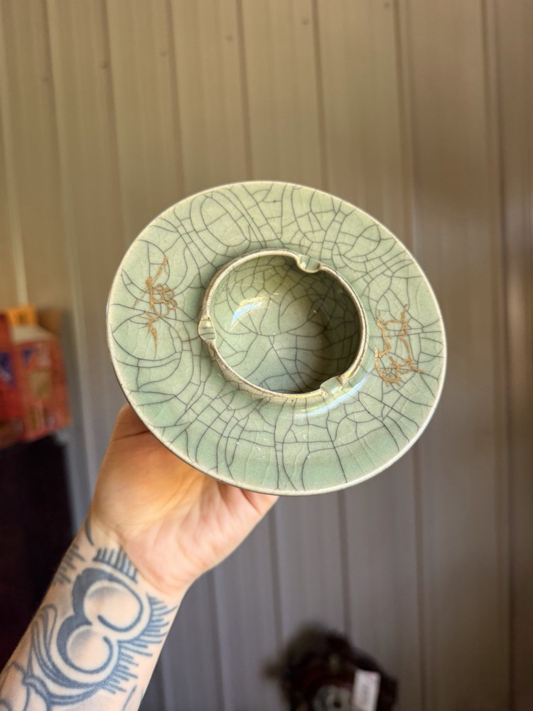 Somayaki Soma Ware VTG. Japanese Gold Horse Green Crackle Ashtray