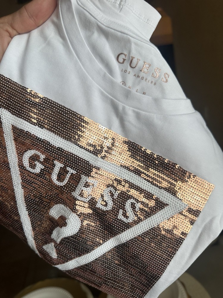 GUESS Men’s White Crew Neck Short Sleeve Graphic Sequin Logo T-Shirt Size M