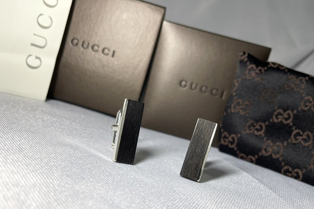 Auth [beautiful] Gucci Sterling silver & Black wood square cufflinks SV925 +Box