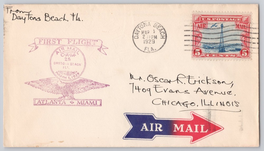 Daytona Beach, FL First Flight airmail AtlantaMiami, 1929 5c