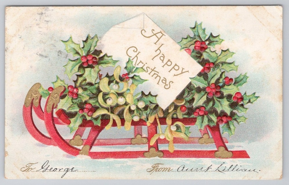 1910 Embossed Christmas Postcard Sleigh Holly Mistletoe Westerly RI Postmark