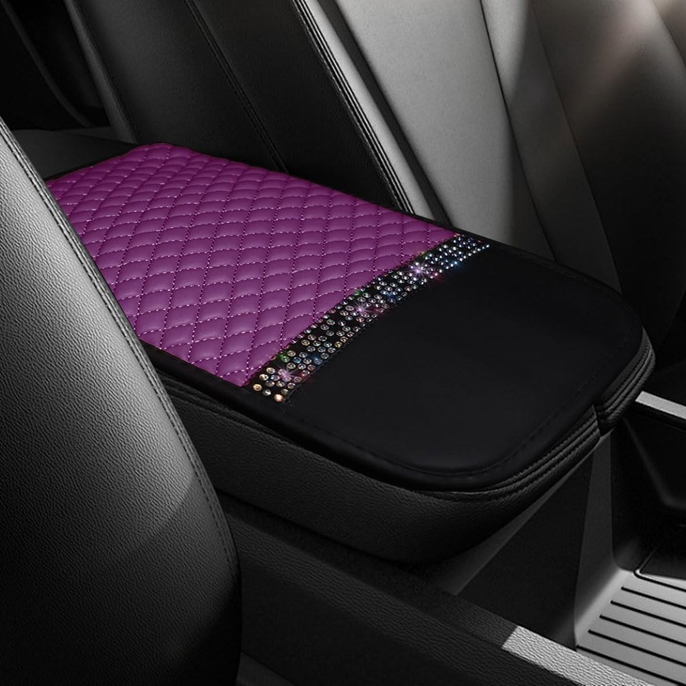 Purple Leather Car Center Console Cover with Crystal Rhinestones Color: Purple