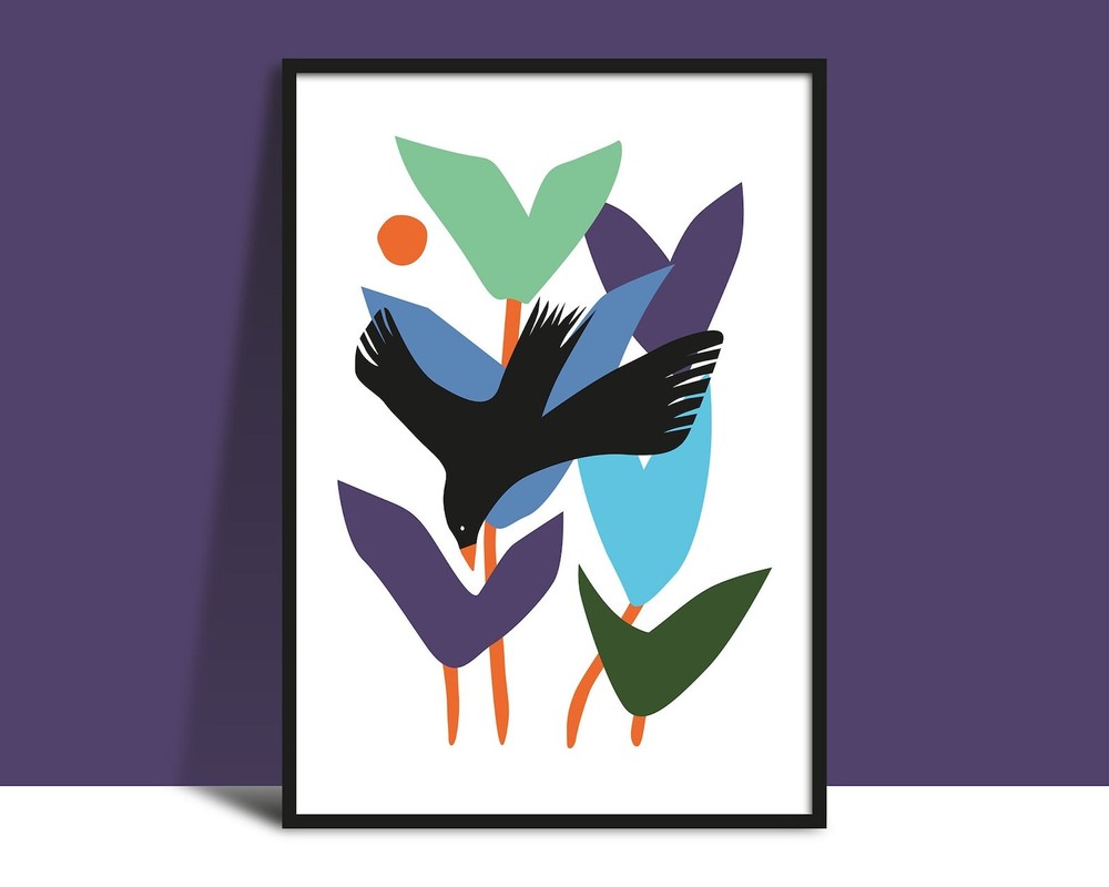 Blackbird And Flowers Wall Art Instant Printable Bright Modern Illustration