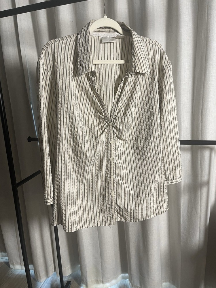 Worthington Women's White Gray Striped Stretch Collared Button-Up Blouse 2X
