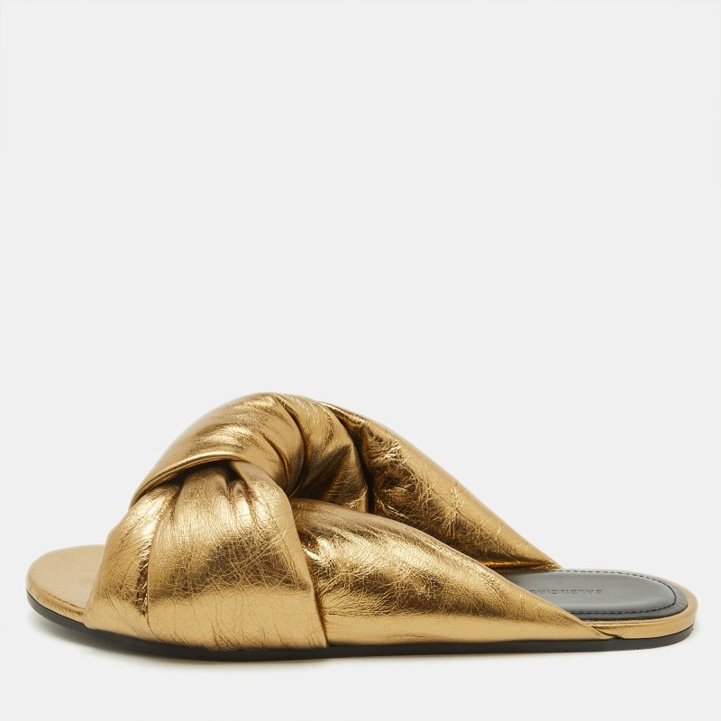 Balenaga Gold Leather Draped Flat Slides Women's Size 37