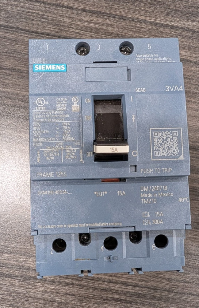 Siemens 3VA4195-4ED34-0AA0 Molded Case Circuit Breaker 15A 3-Pole 600Y/347V
