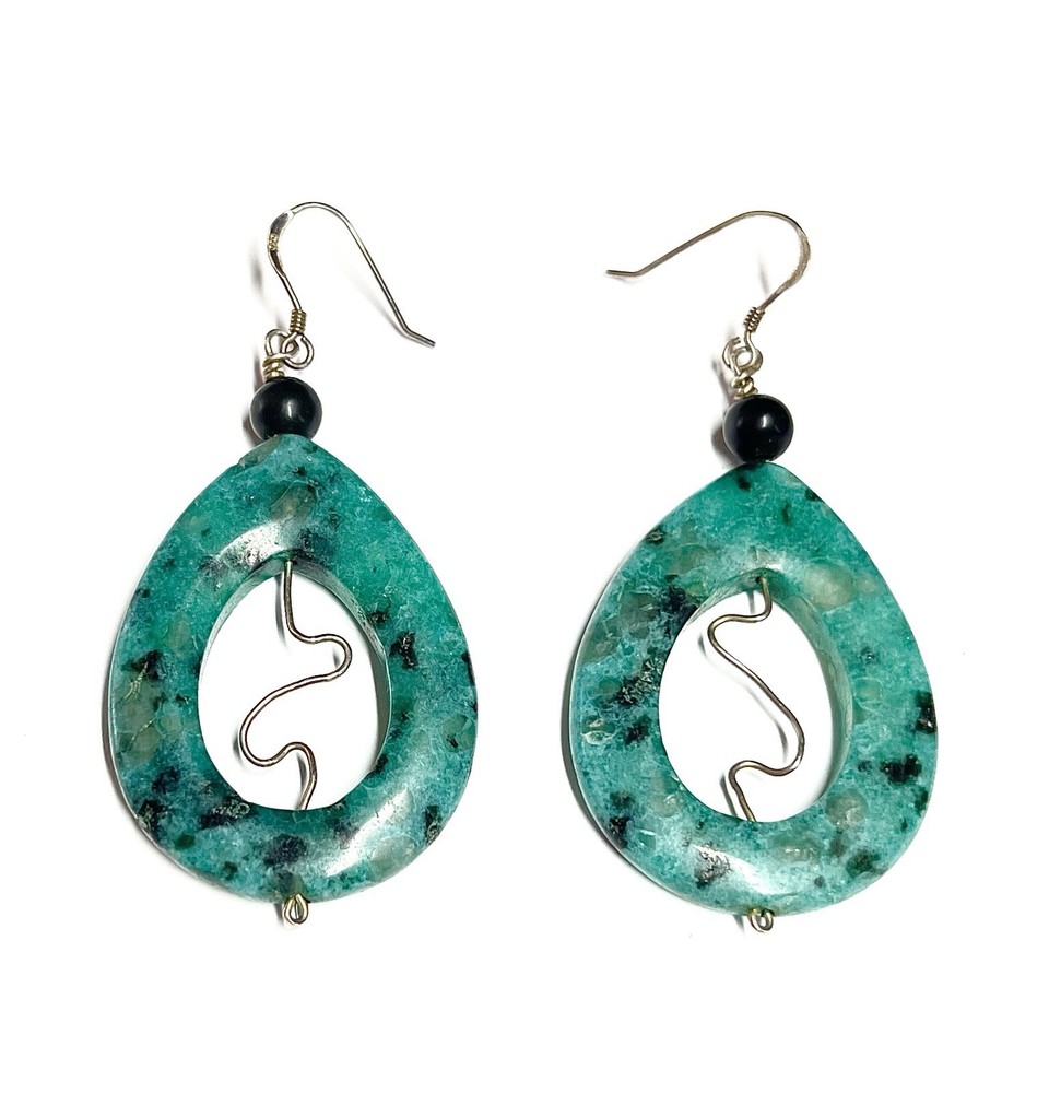 Vintage Sterling Silver & Blue Carved Stone Modernist Dangle Earrings
