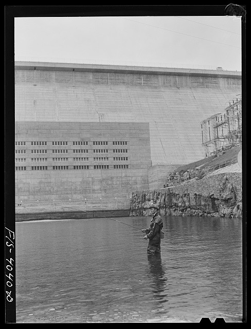 Photo:Norris Dam Tennessee 1942 Fisherman Fishing at Base of Dam TVA