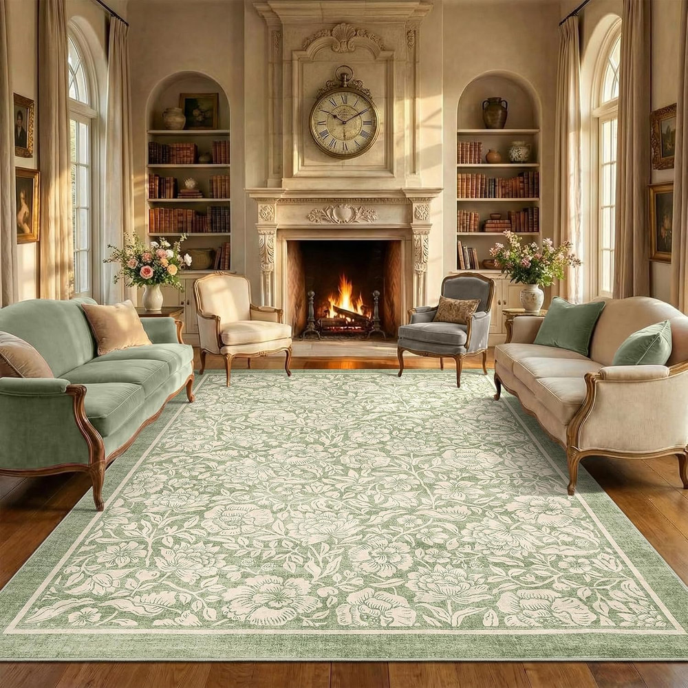 Sage Green Floral 5X7 Rug Washable Vintage Boho Rugs for Living Room Non-Slip Fl