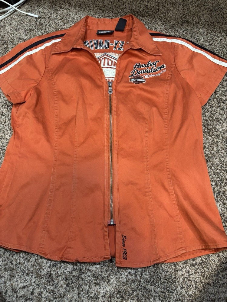 Harley Davidson Collared Embroidered Zip Up Garage Mechanic Shirt Women's Large