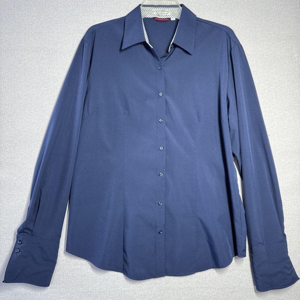 Shirt Womens XL Blue Solid Button Front Long Sleeve Four Way Stretch Top