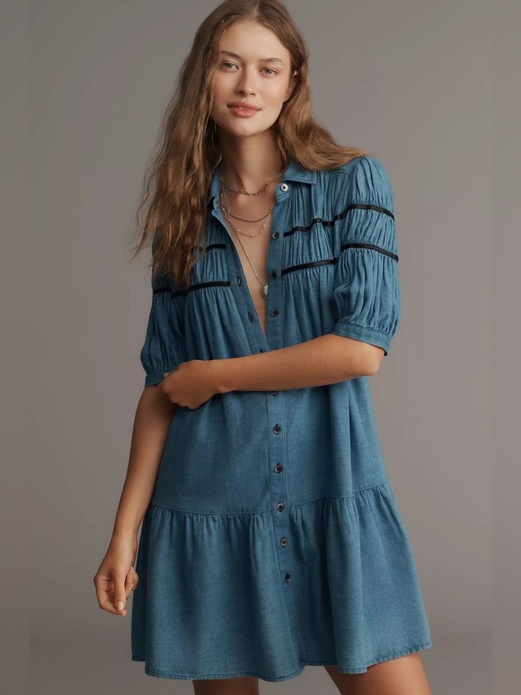 Maeve Anthropologie L Denim Button-Front Tiered Shirt Mini Dress