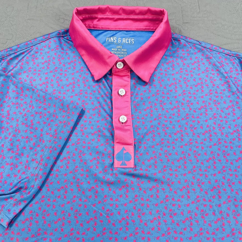 Pins & Aces Polo Shirt Mens Large Blue Pink Golf Performance Flamingo Tech