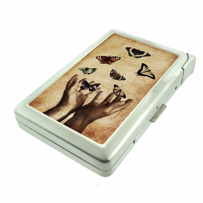 Butterfly Hands Em1 100's Size Cigarette Case with Built in Lighter Wallet
