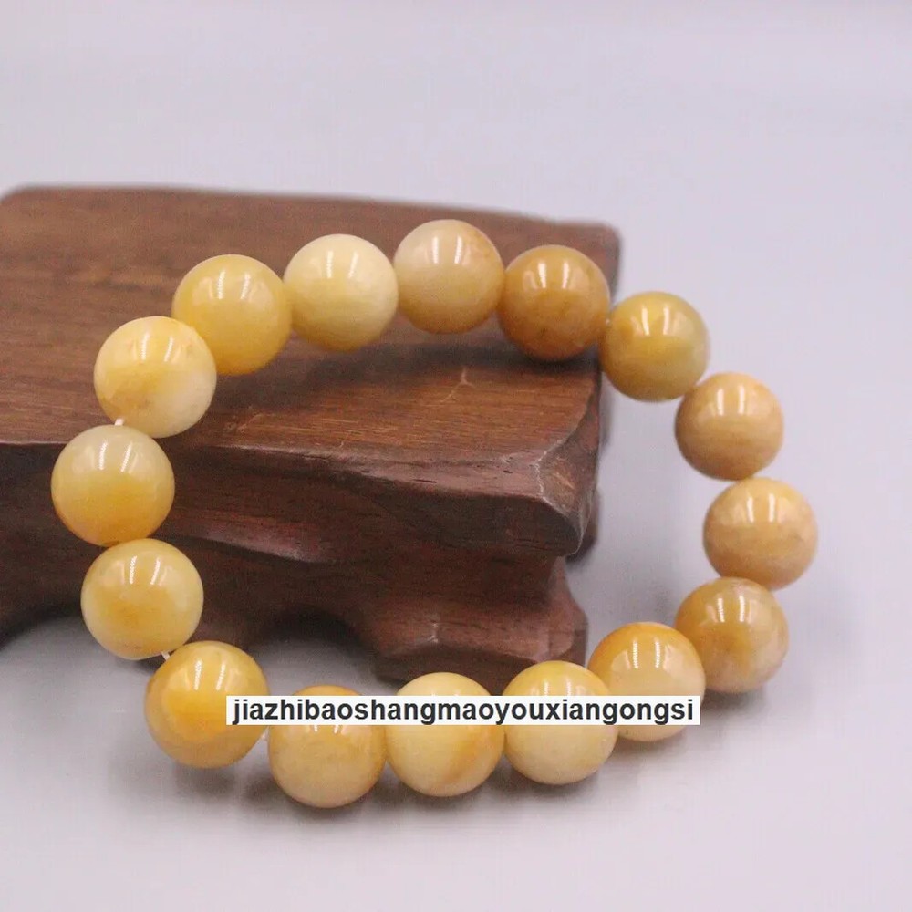 Certified Yellow 12-13mm Natural Burma Jade jadeite Round Beads Bracelet 7.5