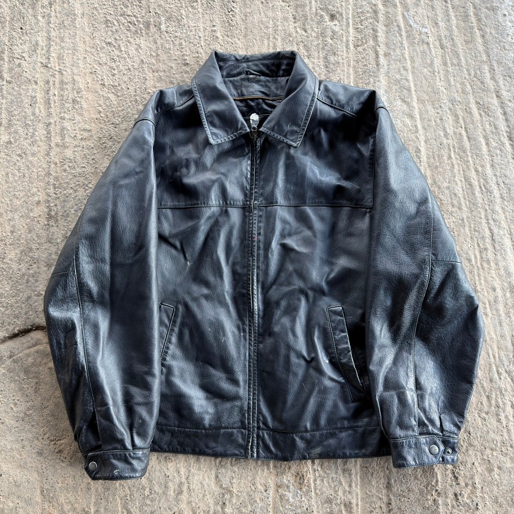 Vintage Black Leather Jacket Moto Cafe Racer Zip Mens Large New York 00S