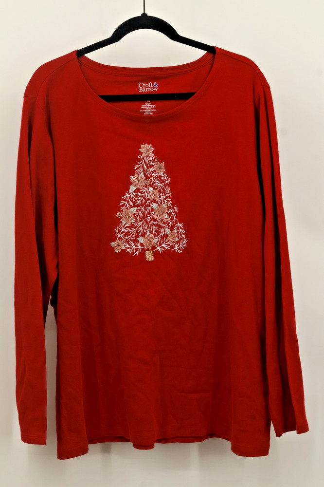 Croft & Barrow Classic Tee Women Plus 2X Red Christmas Tree Long Sleeve Shirt NW