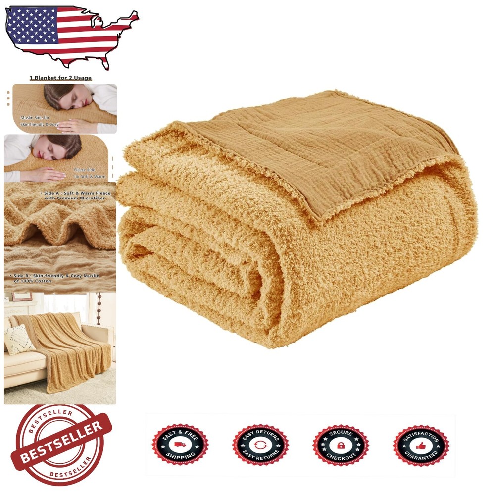 All-Season Reversible Fleece & Cotton Throw Blanket - Versatile Beige Comfort