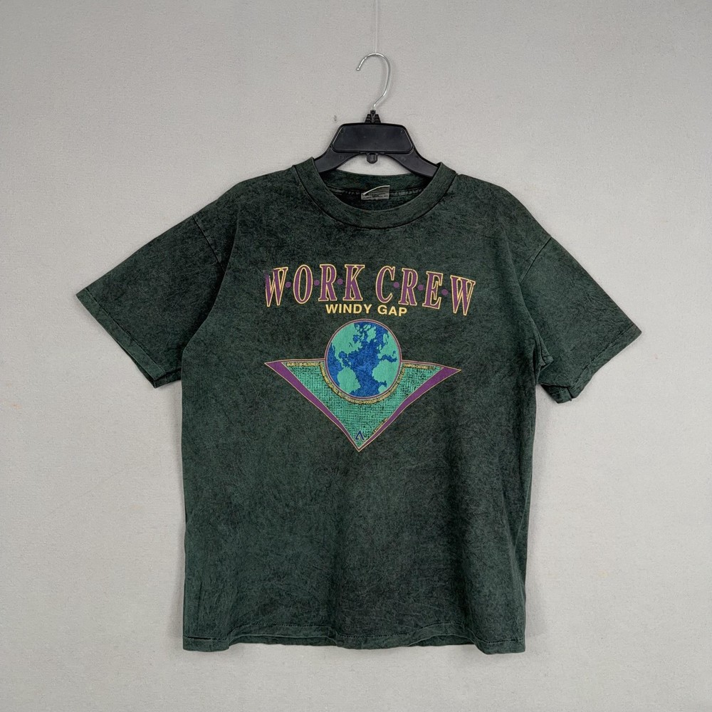 Vintage Windy Gap Shirt Mens XL Green Acid Work Crew Graphic 90s Single Stitch