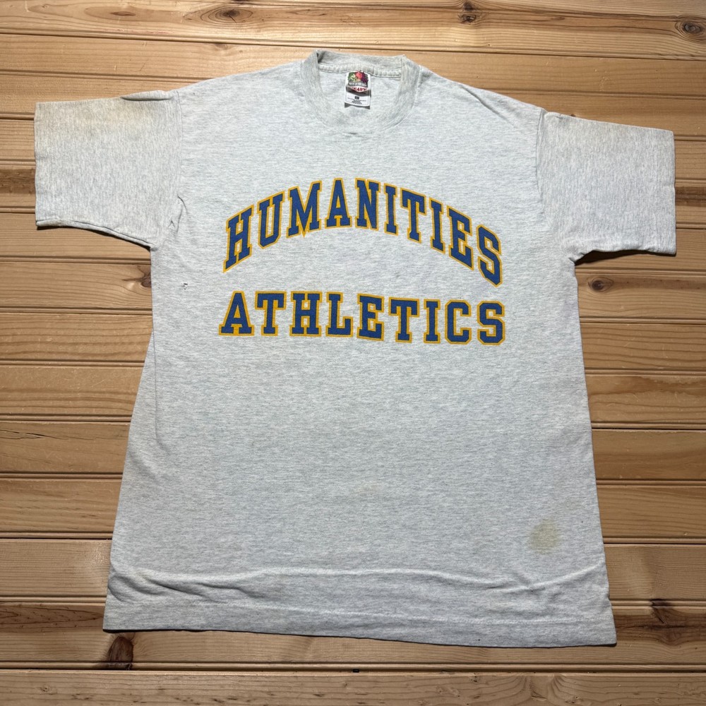 Vintage 90s Humanities Athletics College Heather Single Stitch Shirt USA - Large