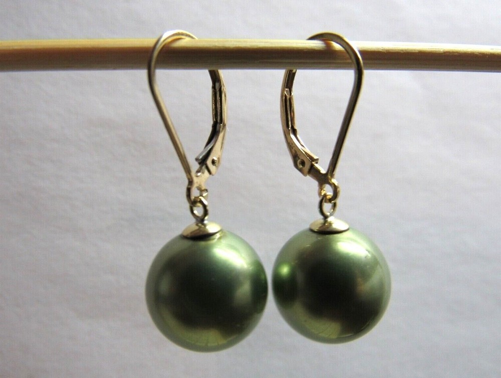 Olive Green Shell Pearl Drop Dangle Leverback Earrings in 14K Yellow Gold Filled