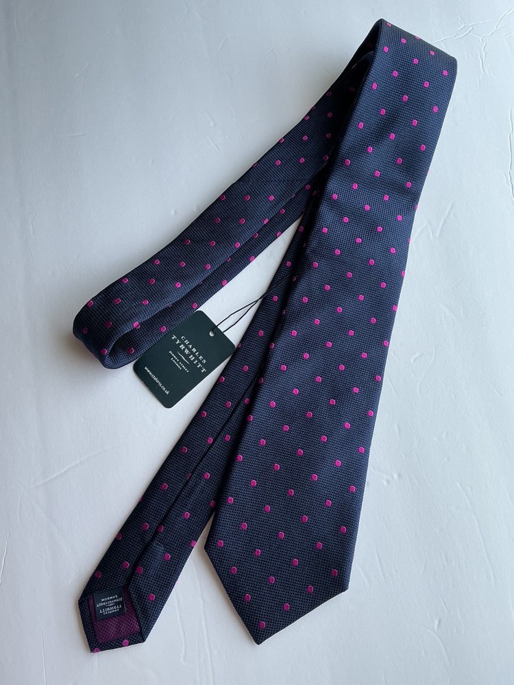 Charles Tyrwhitt Men's Silk Tie Navy & Magenta Polka Dot 100% Silk NEW