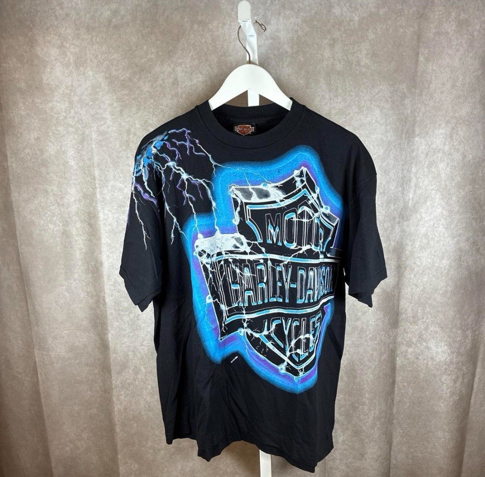 RARE Vintage Style 90s - 2001 Harley Davidson Biker Electric AOP Tee Shirt BOOT