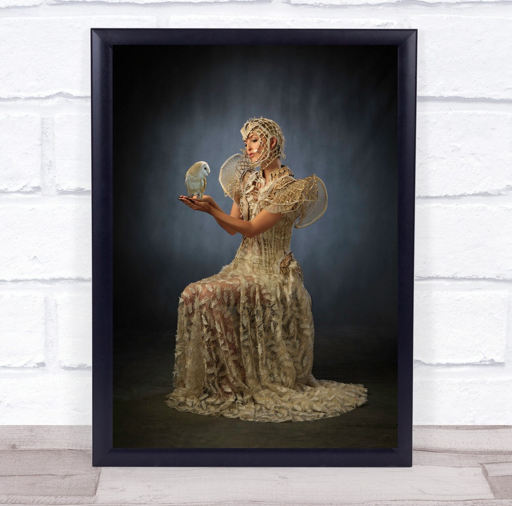 The Owl Whisperer woman white dress head wear Wall Art Print
