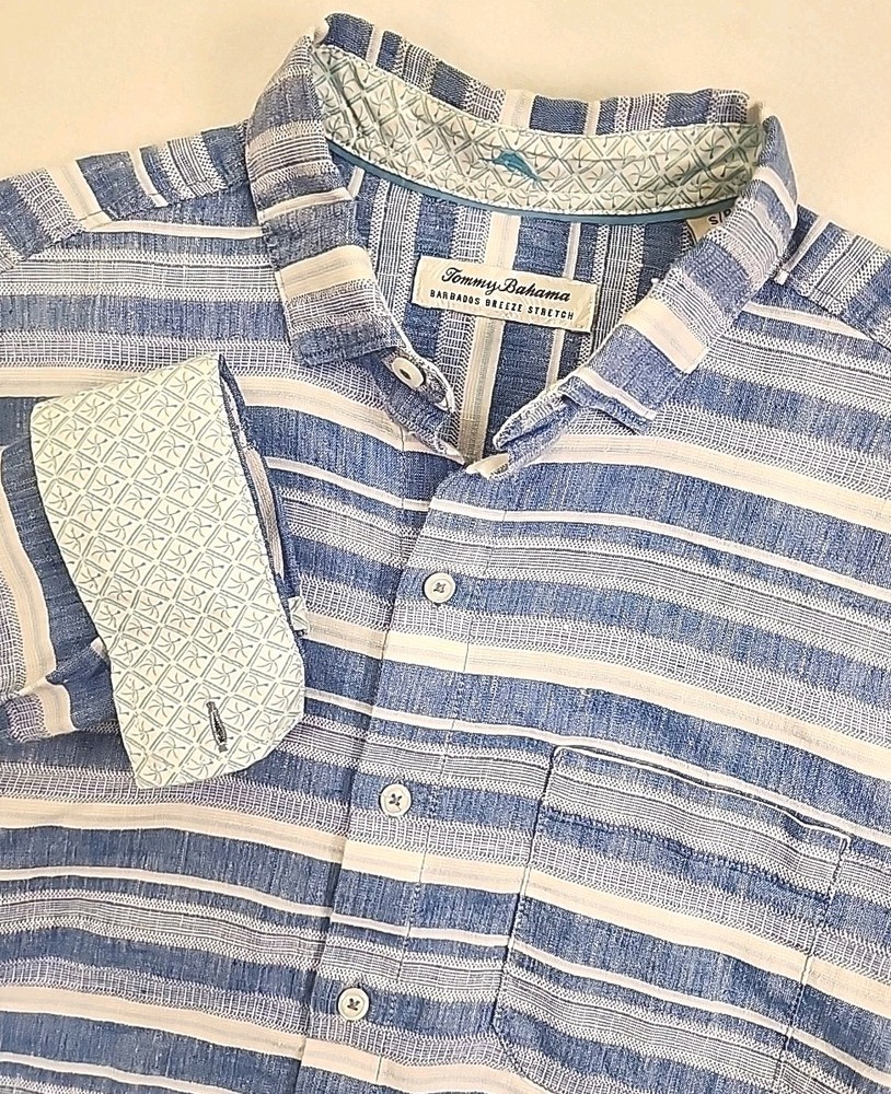 Tommy Bahama Men's S Barbados Breeze Stretch Blue White Flip Cuff Shirt Small