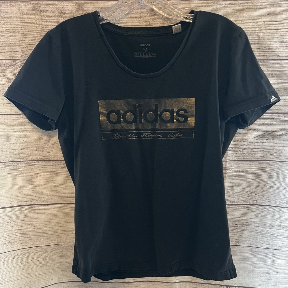 Adidas Women’s Medium Black Graphic Logo Tee Three Stripes Life Cotton