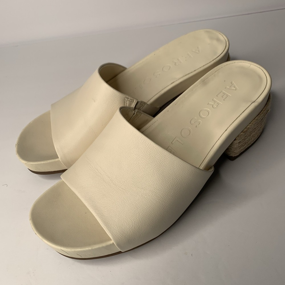 Aerosoles Women's Clark Slide Sandals Cream Leather Slip On Casual Block Heel