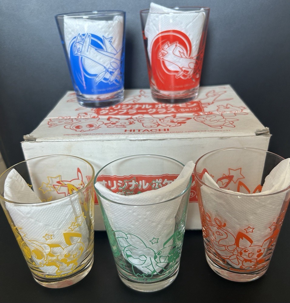 Pokemon Hitachi Glass Set Of 5 2002 Very Rare Latias Latios Pikachu Psyduck