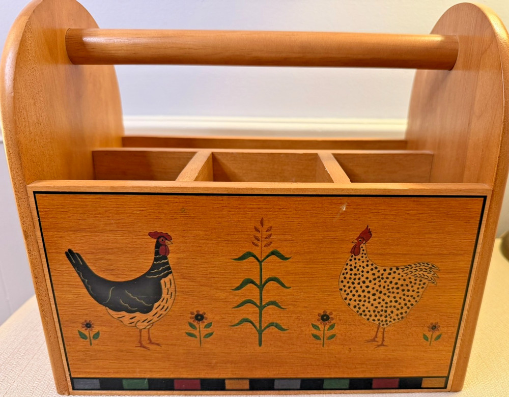 Vintage Kamenstein Wooden Caddy Rooster Hen Farmhouse Kitchen Organizer