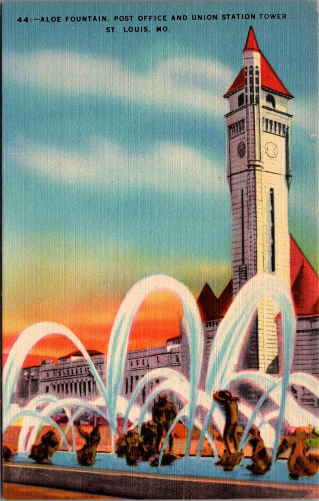 Aloe Fountain Union Station Tower St. Louis MO Linen Postcard