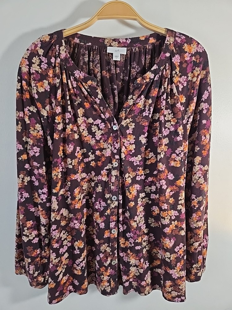 J.Jill Burgundy Floral Button Down Shirt Blouse Size L Soft Cotton