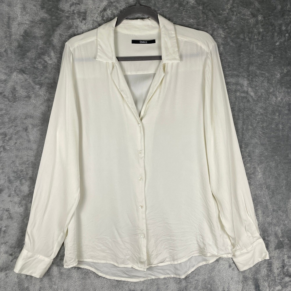 Quince Washable Silk Shirt Women Large Ivory Notched Collar Stretch Long Sleeve