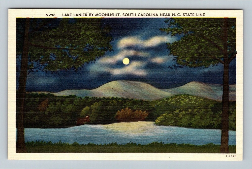 Lake Lanier SC-South Carolina, Scenic Moonlight View, Mountains Vintage Postcard