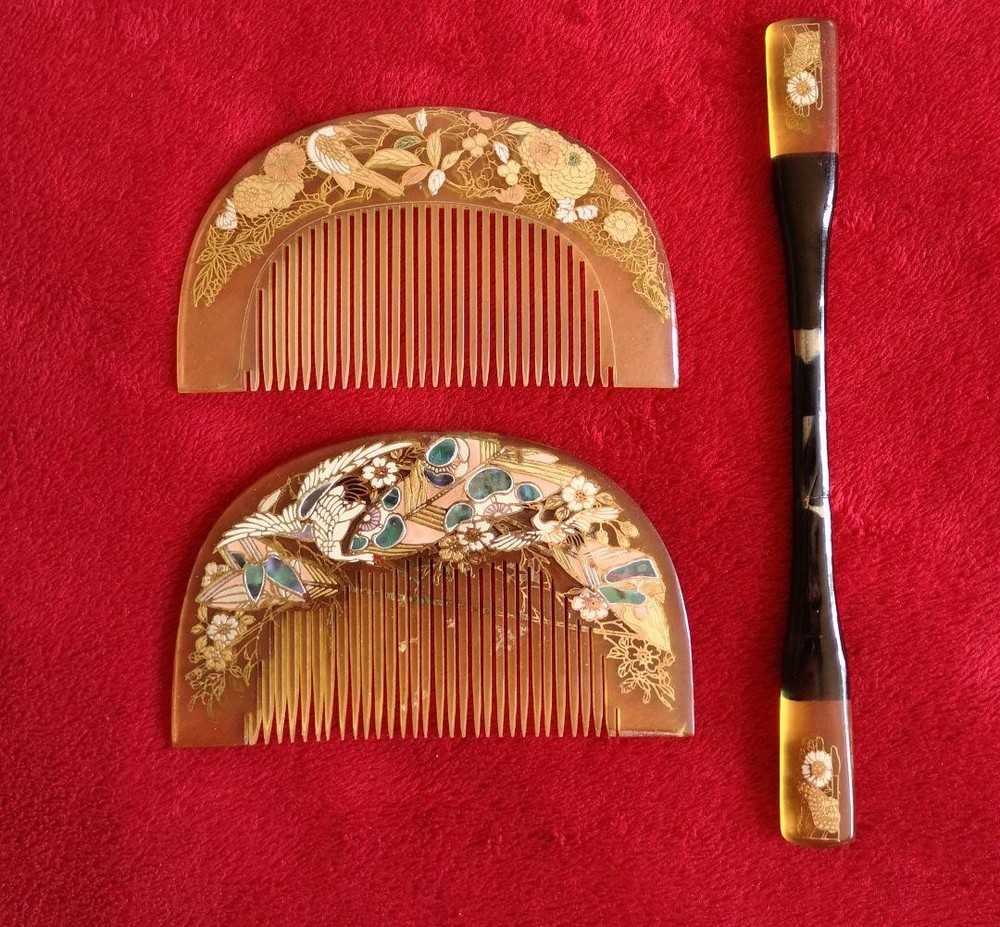 Vintage Gold Shell Inlaid Crane Flower Hairpin Comb Set 3pcs