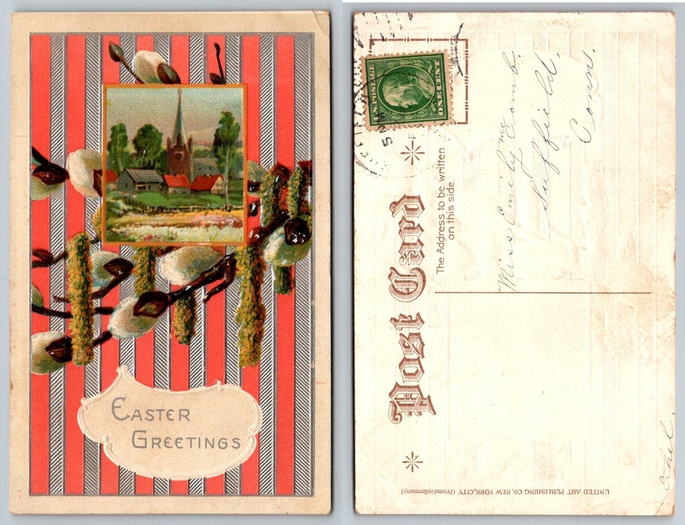 1909 Easter Greetings Postcard Pussy Willow Village Church Suffield CT Posted
